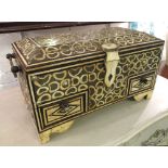 CASKET, Moorish bone inlaid with rising lid, side handles and two drawers, 60cm W x 33cm H x 30cm D.