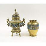 ORIENTAL BRONZE CENSER, with enamel decoration, foo dog finial to lid detached,