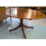 BREAKFAST TABLE, George III mahogany with satinwood crossbanded oval tilt top on turned pedestal,