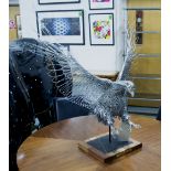 SCULPTURAL WIRE WORK, American Bald Eagle in flight, on metal mount, with slate and block wood base,