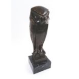 BRONZE OWL SCULPTURE, marble block base, 36cm H overall.