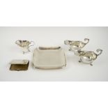 SMALL SILVERWARES, comprising of Pr. Mappin & Webb sauce boars, cream cigarette case, trinket tray.