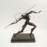 MODERNIST BRONZE, study of a javelin thrower, marble base, 46cm H max.