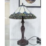 TABLE LAMP, Tiffany design on bronze metal stand, round shade, 60cm H, shade 42cm diam.