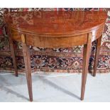 DEMI LUNE TEA TABLE, George III mahogany and inlaid with foldover top, 74cm H x 91cm W x 45cm D.