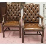 GAINSBOROUGH ARMCHAIRS, a pair, George III design mahogany, each button tan leather upholstered.