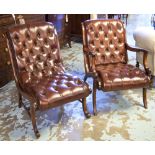 LIBRARY CHAIRS, two similar in buttoned brown leather including one armchair, 65cm w.