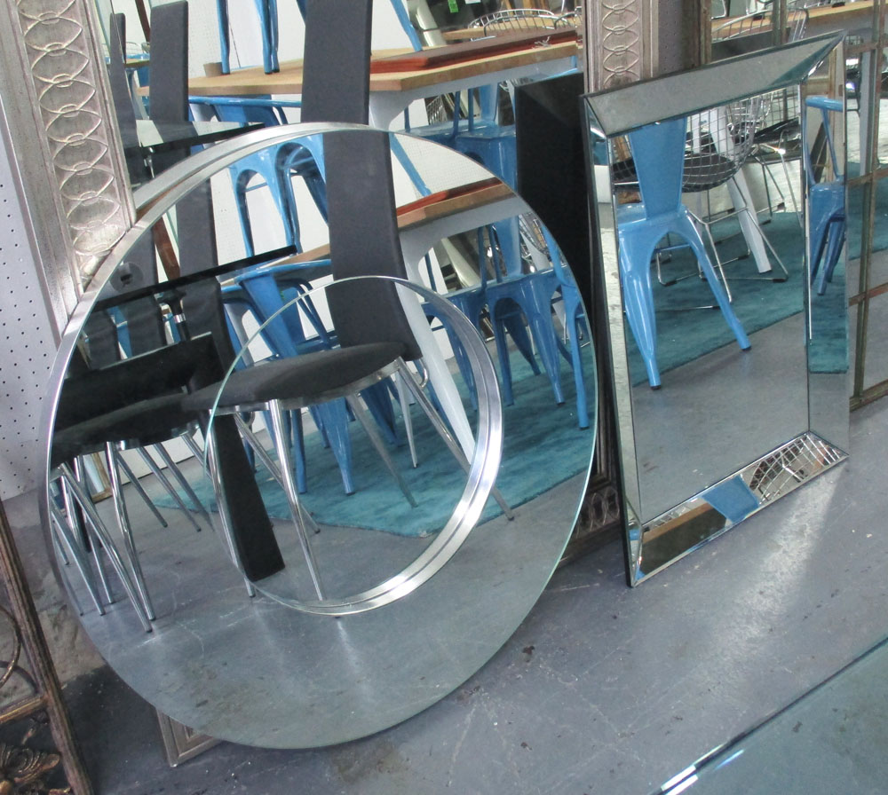 MIRRORS, a pair, of contemporary design one circular, the other rectangular, 82cm and 80cm x 60cm.