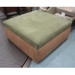 OTTOMAN, square form in green and orange suede upholstery on castors, 102cm sq x 48cm H.