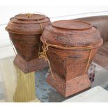 ASIAN LIDDED POTS, a pair, carved red lacquer, each 48cm H x 40cm W.