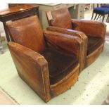 CLUB ARMCHAIRS, a pair, French Art Deco in distressed brown leather with velvet seat cushions,