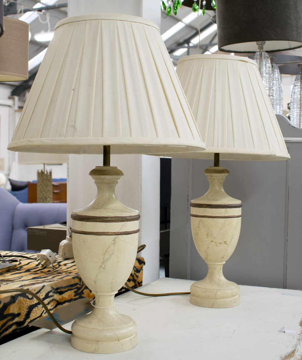 TABLE LAMPS, a pair, urn shaped in a marble effect finish, with shades, 57cm H.