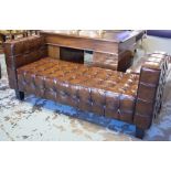 DAYBED, 1970's style rectangular stitched tan leather and square supports, 171cm L x 58cm D.