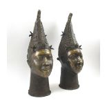 IFE BRONZE FEMALE HEADS, a pair, West African, each 57cm H max.