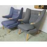 ARMCHAIRS, two, one grey the other blue, button back on wooden supports, 76cm W.