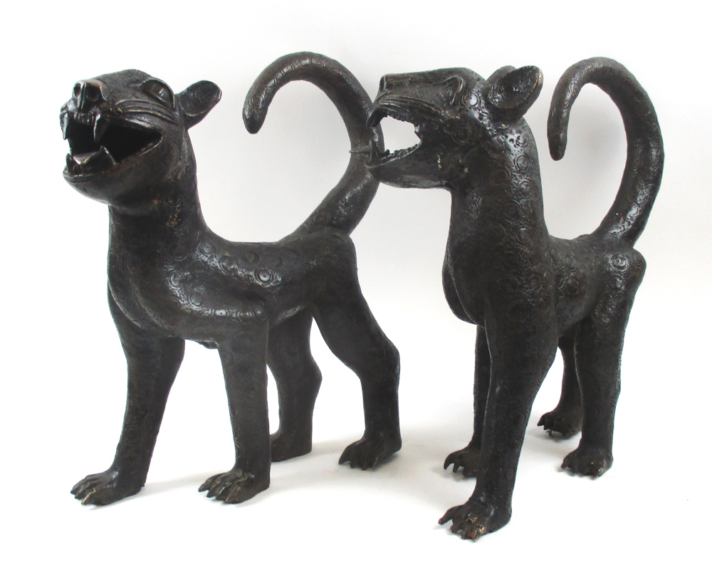 BENIN BRONZE LEOPARDS, a pair, each 40cm L x 43cm H max.