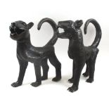 BENIN BRONZE LEOPARDS, a pair, each 40cm L x 43cm H max.