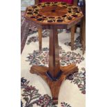 PEDESTAL TABLE, early Victorian mahogany and marquetry with inlaid octagonal top, 75cm H x 53cm W.