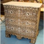 COMMODE, Syrian hardwood and mother of pearl inlay with three frieze drawers and limestone marble,