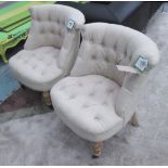 BEDROOM CHAIRS, a pair, upholstered in natural linen button backs on turned supports,