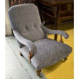 OPEN ARMCHAIR, Victorian style in Howard manner with blue chenille upholstery, 70cm W x 106cm D.