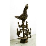 COCKEREL AND HEN SCULPTURE, patinated bronze, Cameroon, 113cm H overall.