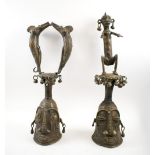 CEREMONIAL CAMEROON BRONZE BELLS, two similar, variously cast figurative and animal designs,