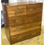 CAMPAIGN CHEST, 20th century brass bound in two parts with five drawers and side handles,