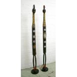 LARGE TIKAR DOLLS, a pair, carved wood with colourful beaded decortaion, each 153cm H.