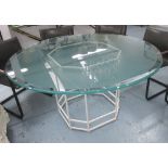 DINING TABLE, with circular glass top on metal painted base, 151cm diam. x 77cm H.