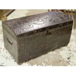TRUNK, 18th century leather bound and brass studded with hinged domed top dated 1735,