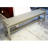 HALL BENCH, Victorian manner grey painted with chamfered stretchered legs, 130cm W x 35cm D.