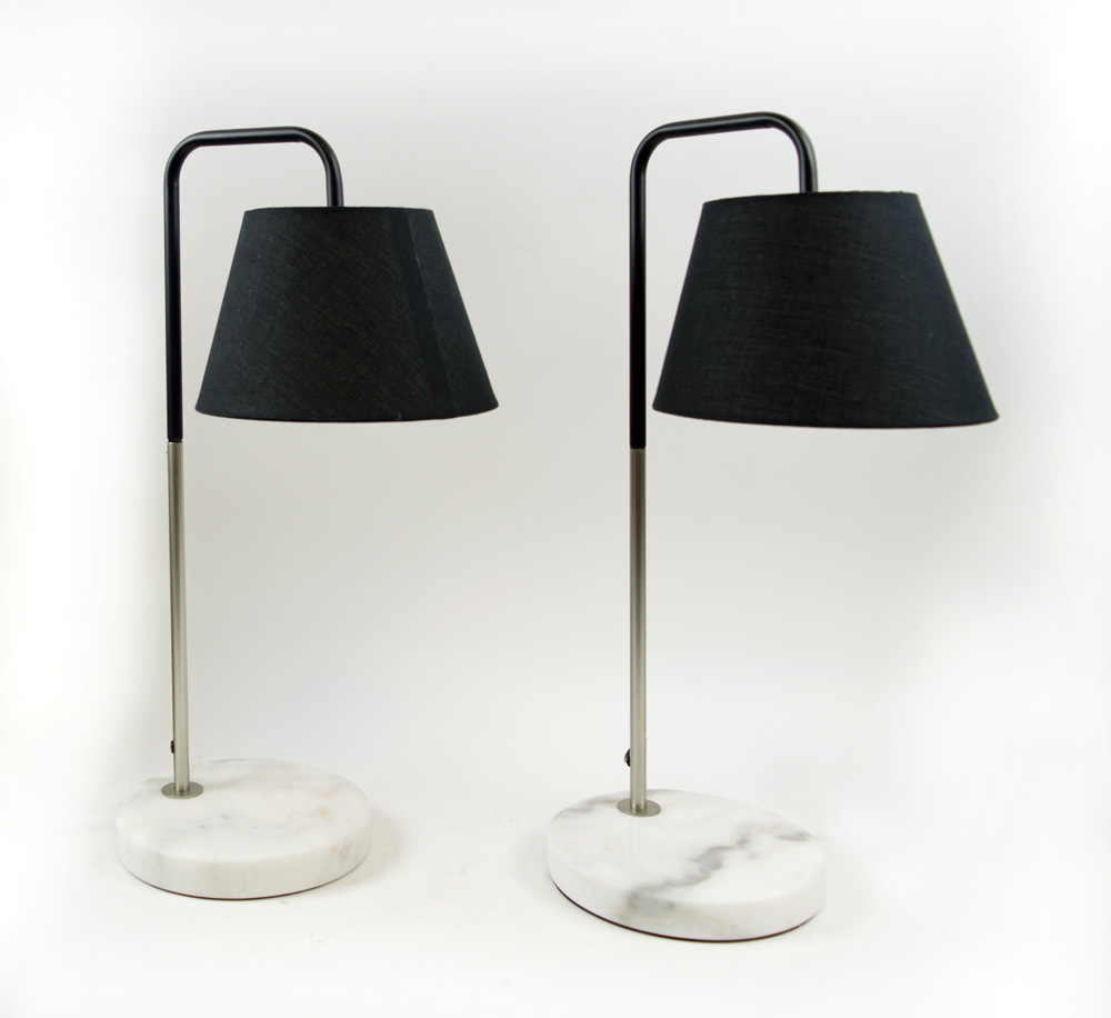 INDUSTRIAL DESIGN TABLE LAMPS, a pair, the chrome tubular stems on white marble bases,