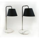 INDUSTRIAL DESIGN TABLE LAMPS, a pair, the chrome tubular stems on white marble bases,