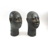 IFE BRONZE HEAD SCULPTURES, two similar, Benin manner, each 39cm H.