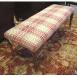 WINDOW SEAT, part 19th century birch, with plaid fabric upholstery, turned legs,