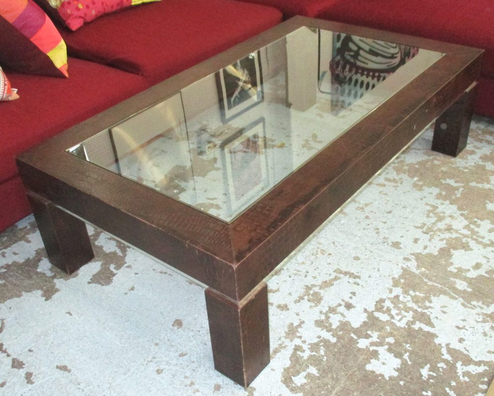 LOW TABLE, faux crocodile skin patterned with glass top, 141cm W x 81cm D.