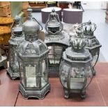 LANTERNS, an assorted set of five, antique style glass lined frames with doors and hooks, 42cm H.