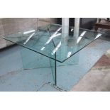 DINING TABLE, glass top square form on glass 'X framed base, 140cm x 140cm x 73cm H.