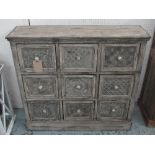 CHEST OF DRAWERS, with embossed grey vintage distressed finish, 111cm x 28cm x 95cm.