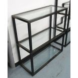 CONSOLE TABLE, rectangular black/silvered with three glass shelves by Pierre Vande;,