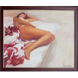 RENAT RAMAZANOV (Russian), 'Reclining model', oil on canvas, 81cm x 100cm, framed.