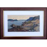 VITALI MARKIN (Russian, 1924-1998), 'River landscape', 1956, oil on board, 18cm x 34cm, framed.