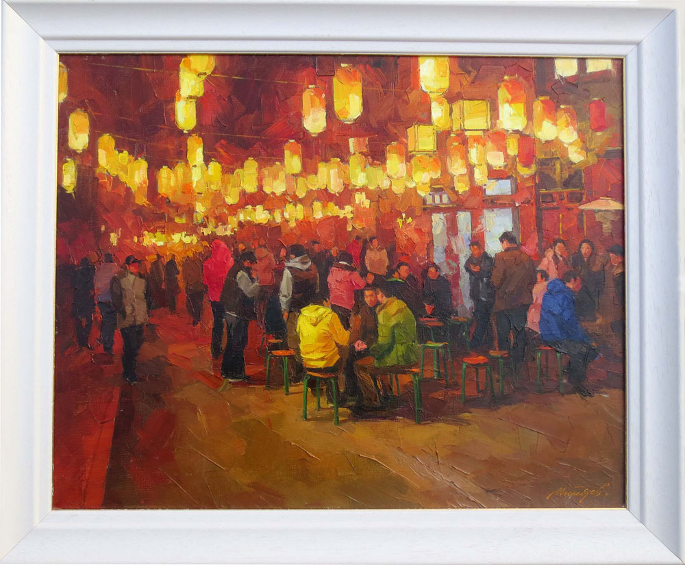 SERGEI MENYAYEV (Russian, b.1953), 'Street lights', oil on canvas, 40cm x 50cm, framed.