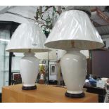 TABLE LAMPS, a pair, in grey ceramic finish with shades, 73cm H.