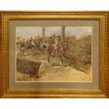 FINCH MASON (British, 1850-1915), 'Hunting Scene', aquarelle, with signature in the stone,