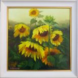 NIKOLAY MAMONTOV (Russian), 'Sunflowers', 1972, oil on canvas, 50cm x 50cm, framed.