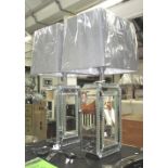 TABLE LAMPS, a pair, satin shades, designer style crystal glass and silvered metal stands,