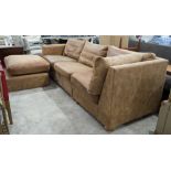 SOFA AND STOOL, tan leather in two sections,