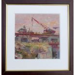 BORIS VINTENKO (Russian, 1927-2002), 'Bridge construction', 1949, oil on board, 21cm x 21cm, framed.